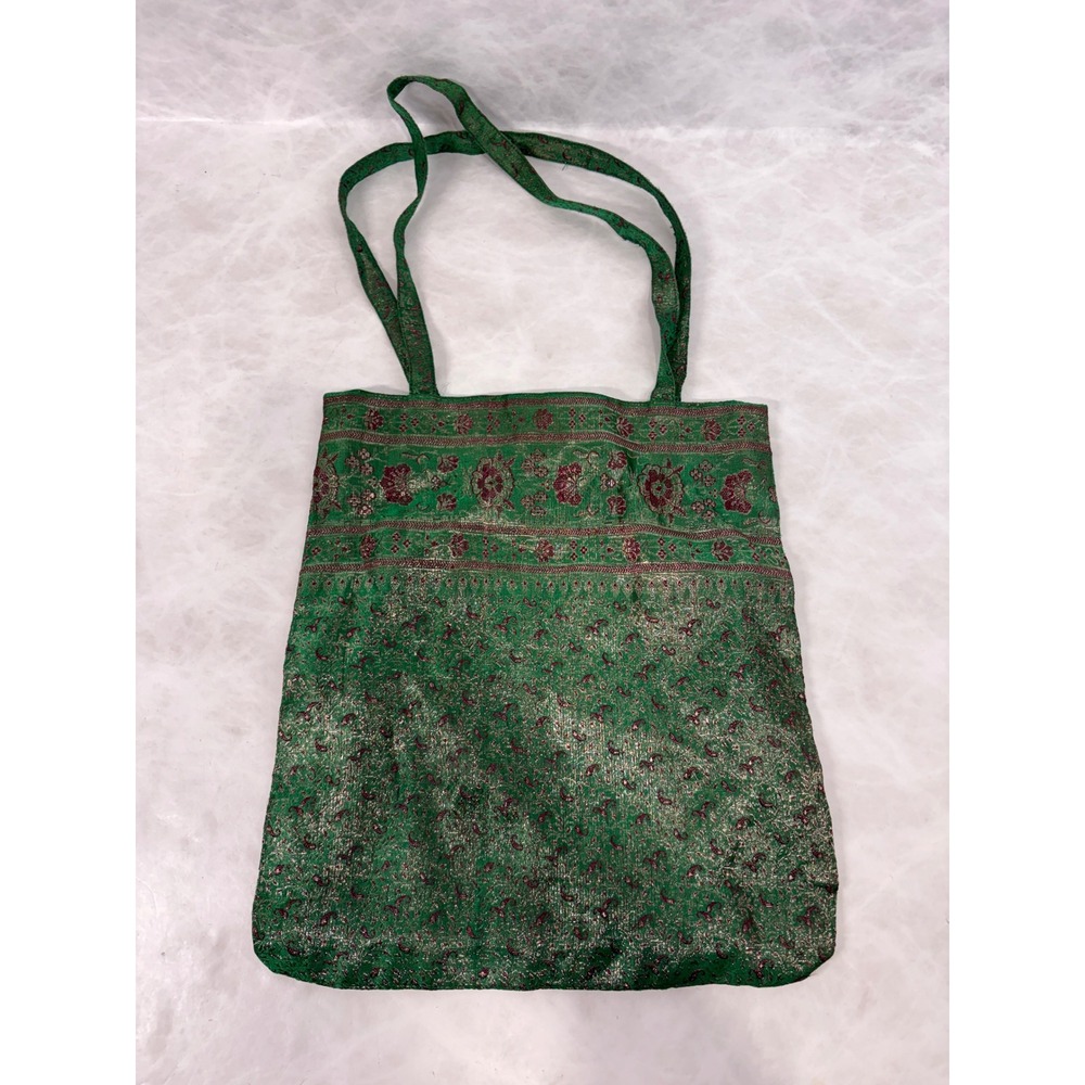 Green Floral Brocade Tote Bag Gold Metallic Thread Bohemian Shoulder Bag Snap